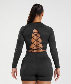 Corp Tops Gymshark Adapt Camo Seamless Lace Up Back γυναικεια μαυρα μαυρα γκρι | GR_QX6696