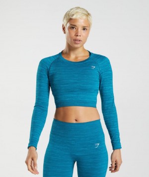 Corp Tops Gymshark Adapt Marl Seamless Long Sleeve γυναικεια μπλε σκούρο γκρι μπλε | GR_R1300