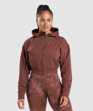 Φουτερ με Κουκουλα Gymshark Gs Power Cropped Zip γυναικεια καφε | GR_K3759