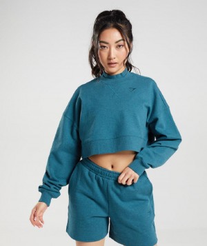 τρέξιμο με κουκούλα Gymshark Rest Day Sweats Cropped Pullover γυναικεια γκρι μπλε | GR_UV3787
