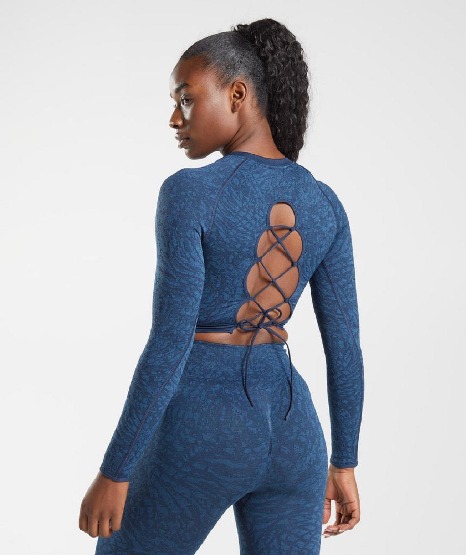 Corp Tops Gymshark Adapt Animal Seamless Lace Up Back γυναικεια σκουρο μπλε | GR_YJ5431
