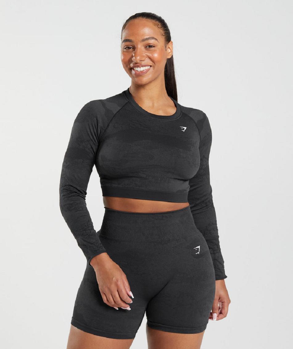 Corp Tops Gymshark Adapt Camo Seamless Lace Up Back γυναικεια μαυρα μαυρα γκρι | GR_QX6696