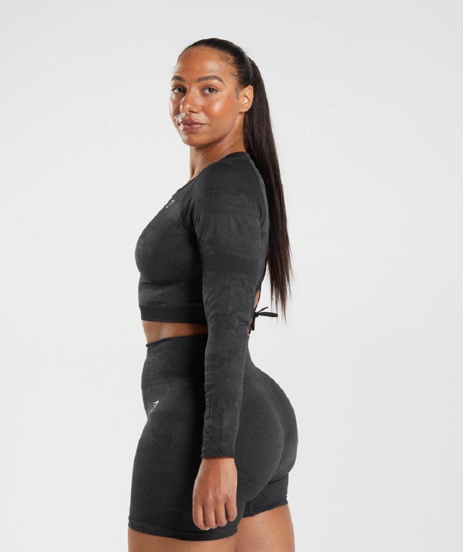 Corp Tops Gymshark Adapt Camo Seamless Lace Up Back γυναικεια μαυρα μαυρα γκρι | GR_QX6696