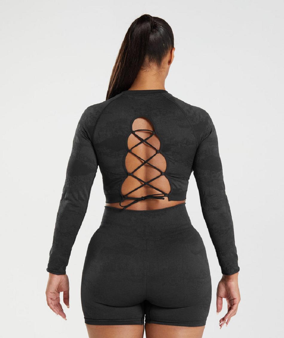 Corp Tops Gymshark Adapt Camo Seamless Lace Up Back γυναικεια μαυρα μαυρα γκρι | GR_QX6696