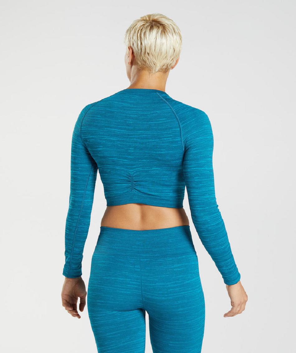 Corp Tops Gymshark Adapt Marl Seamless Long Sleeve γυναικεια μπλε σκούρο γκρι μπλε | GR_V9105