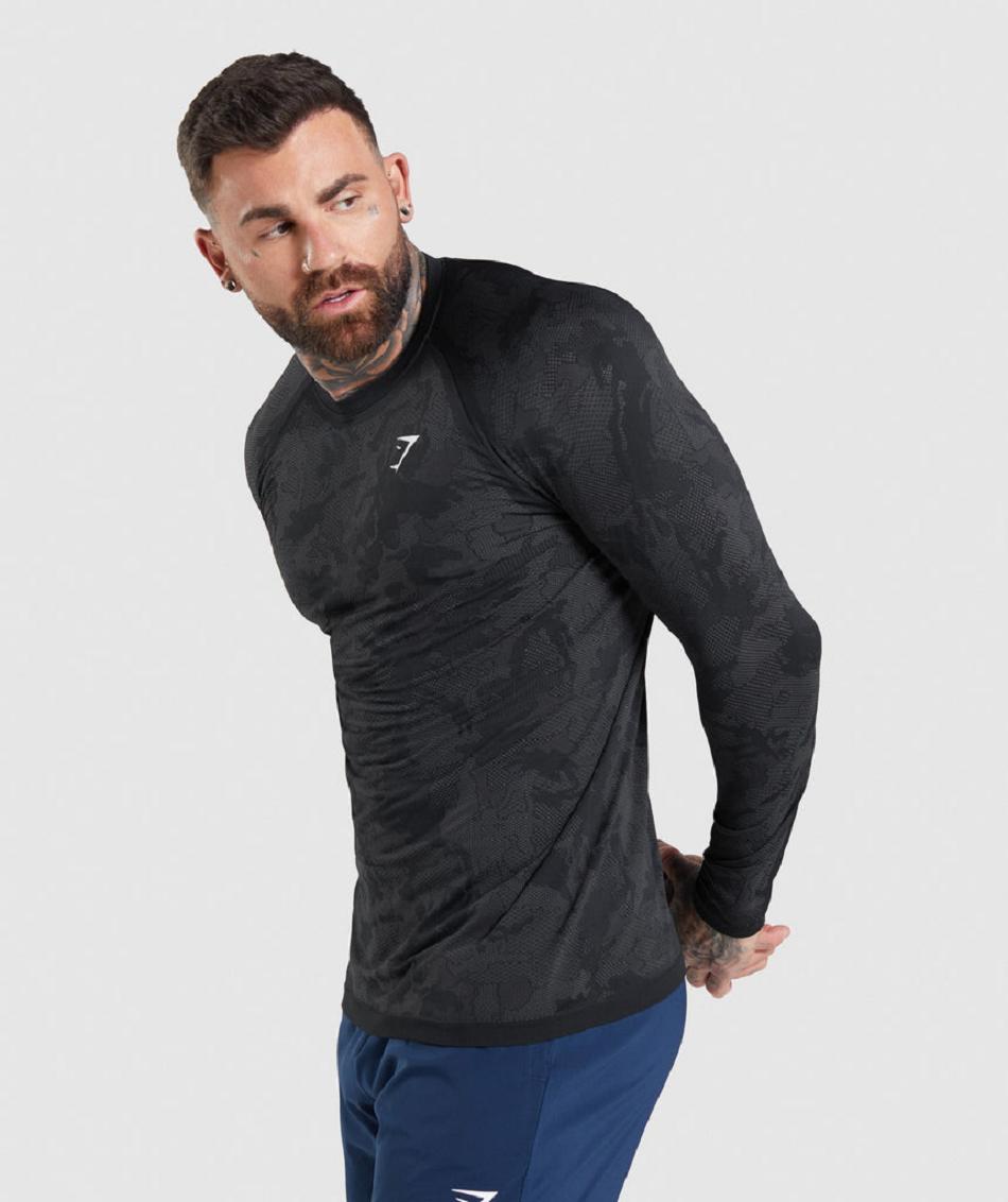 Μακρυμανικο Gymshark Geo Seamless ανδρικα μαυρα γκρι | GR_SG4308