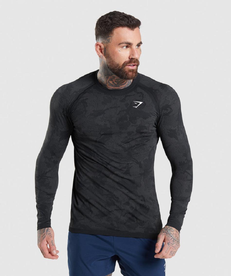 Μακρυμανικο Gymshark Geo Seamless ανδρικα μαυρα γκρι | GR_SG4308
