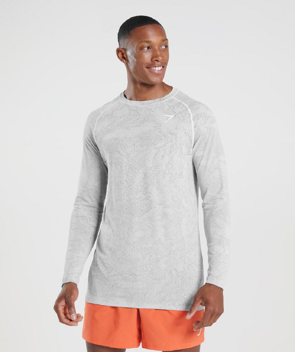 Μακρυμανικο Gymshark Geo Seamless ανδρικα ασπρα ανοιχτο γκρι | GR_YQ5526