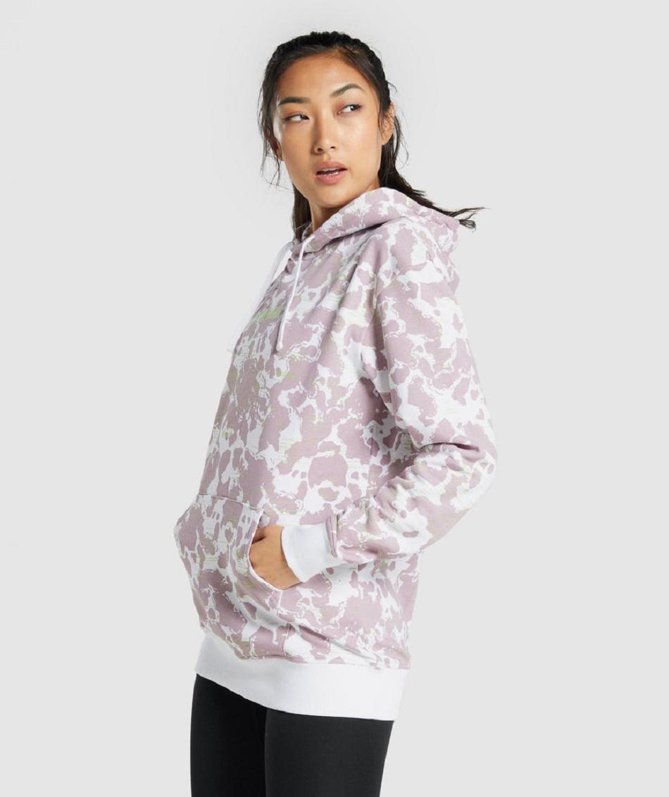 Φουτερ με Κουκουλα Gymshark Camo Graphic Oversized γυναικεια ασπρα μωβ | GR_EP6995