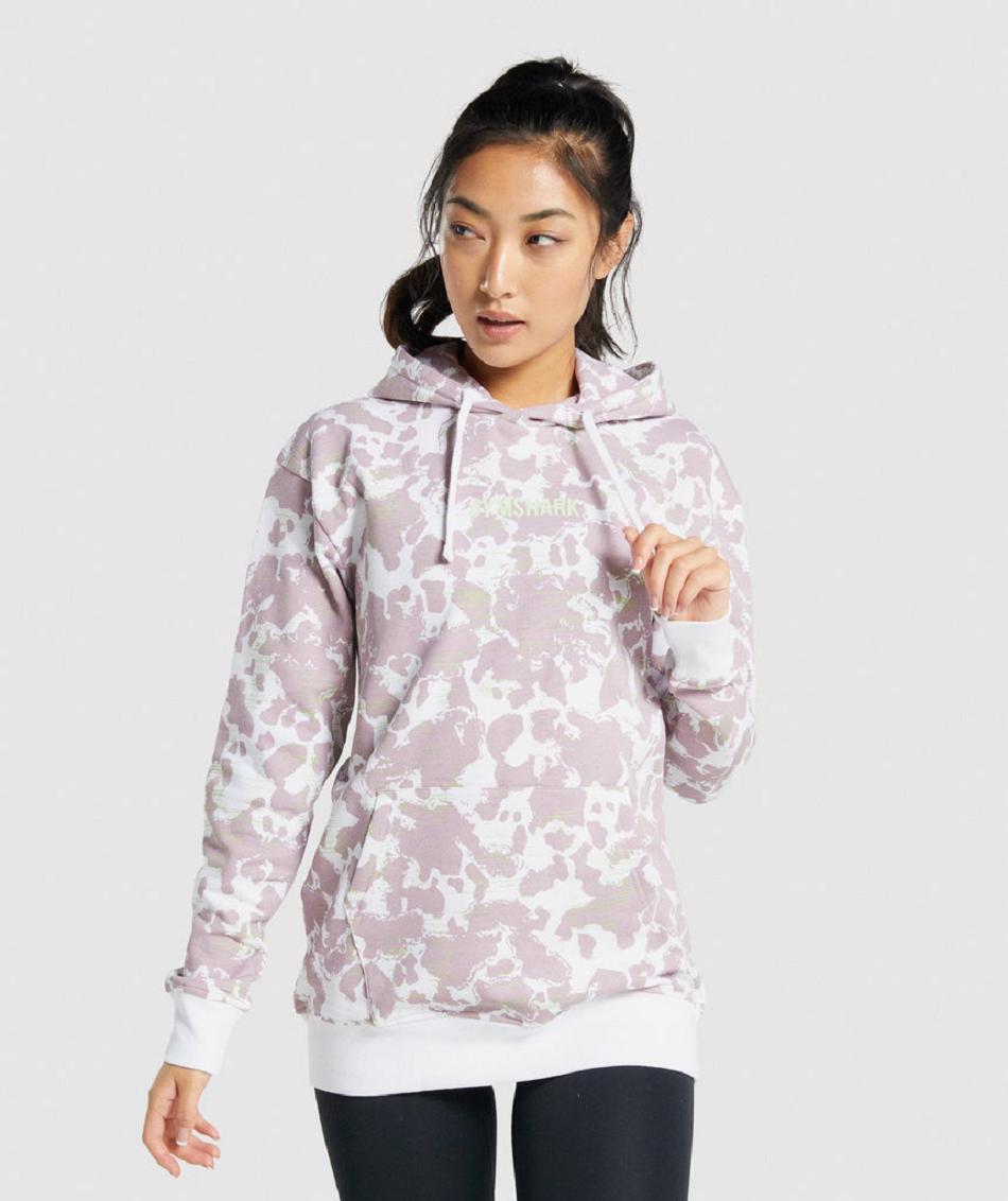 Φουτερ με Κουκουλα Gymshark Camo Graphic Oversized γυναικεια ασπρα μωβ | GR_EP6995