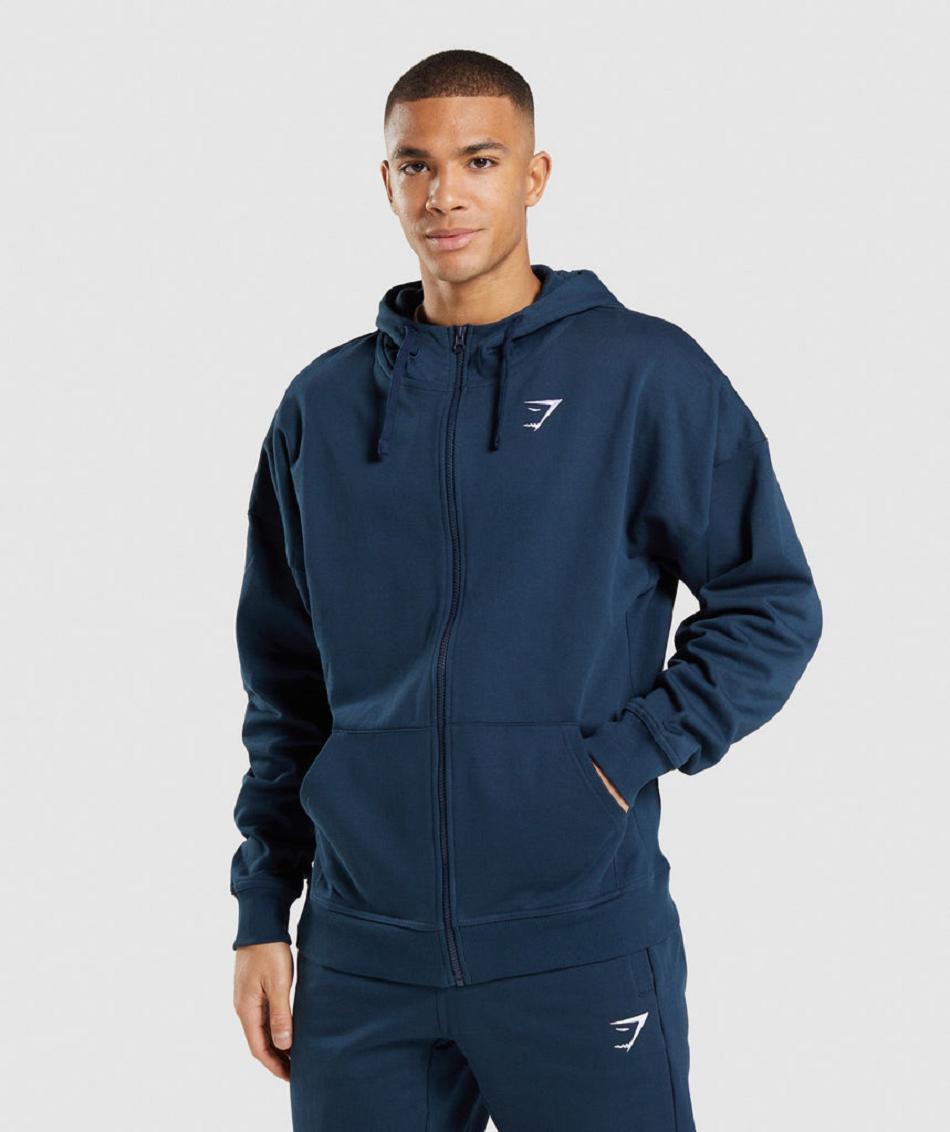 Φουτερ με Κουκουλα Gymshark Essential Zip Up ανδρικα σκουρο μπλε | GR_Q3329