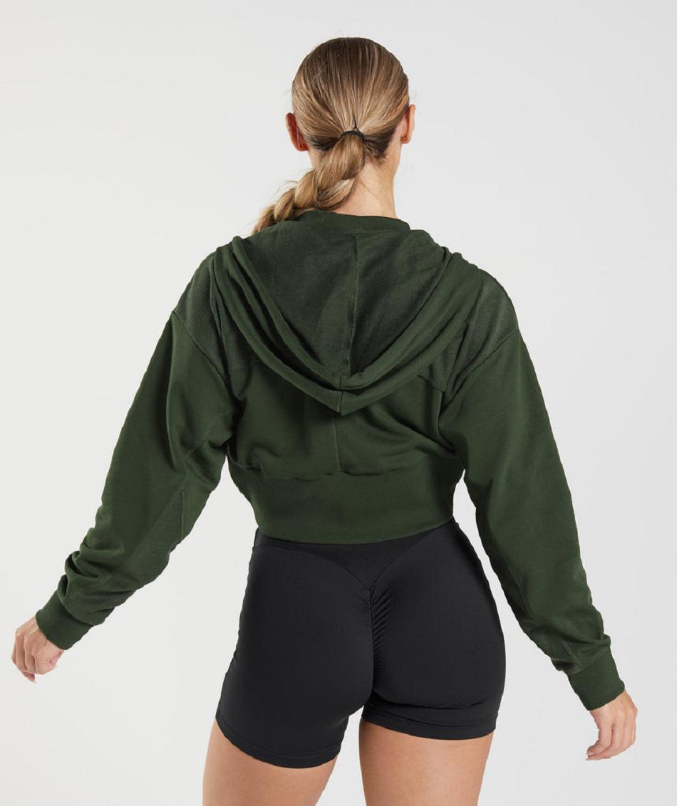 Φουτερ με Κουκουλα Gymshark Gs Power Cropped Zip γυναικεια Ελιά | GR_AS6610