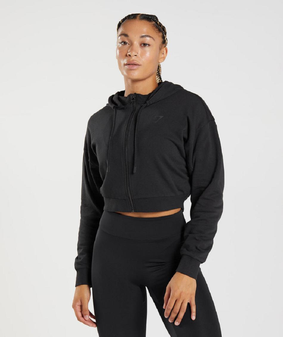 Φουτερ με Κουκουλα Gymshark Gs Power Cropped Zip γυναικεια μαυρα | GR_AZ1395