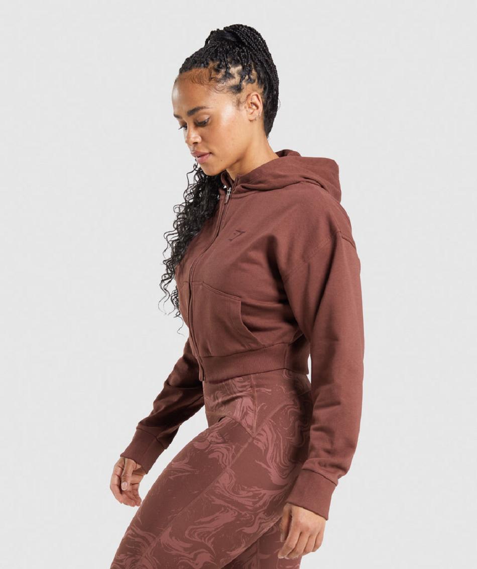 Φουτερ με Κουκουλα Gymshark Gs Power Cropped Zip γυναικεια καφε | GR_K3759