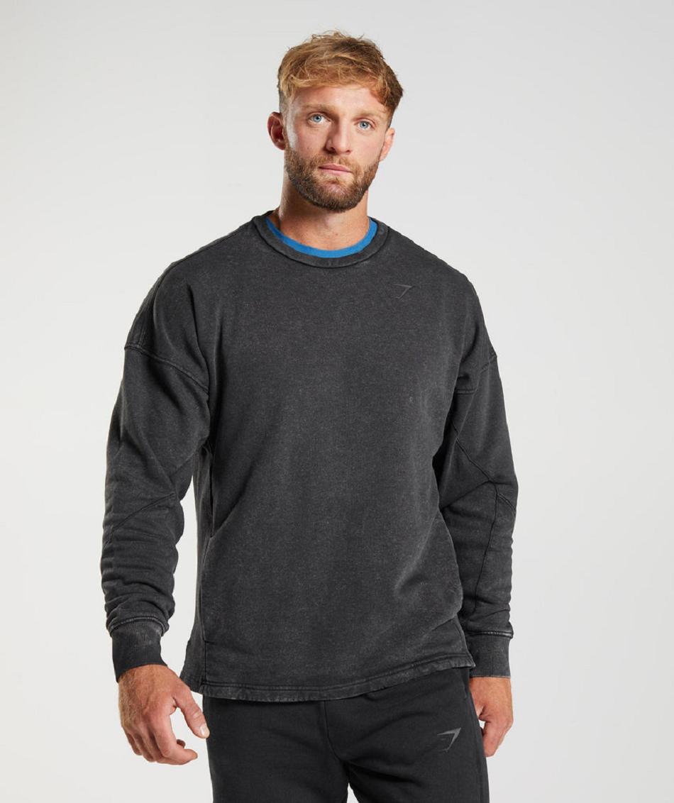 τρέξιμο με κουκούλα Gymshark Power Washed Crew ανδρικα μαυρα | GR_EE1183
