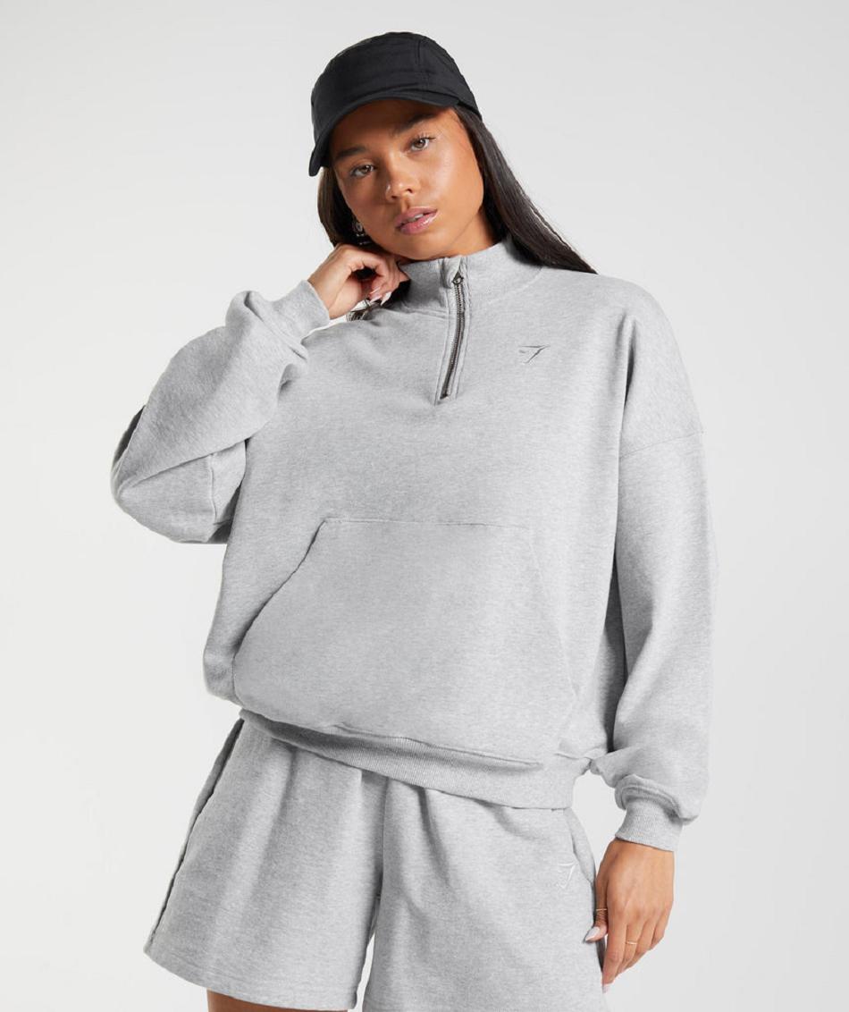 τρέξιμο με κουκούλα Gymshark Rest Day Sweats 1/2 Zip Pullover γυναικεια ανοιχτο γκρι | GR_YQ2023